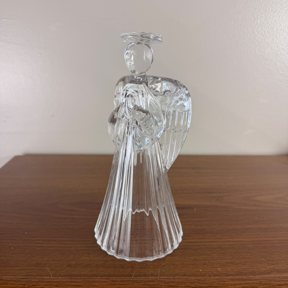 Vintage Clear Glass Angel Candle Holder 7" Christmas Figurine Wings Halo